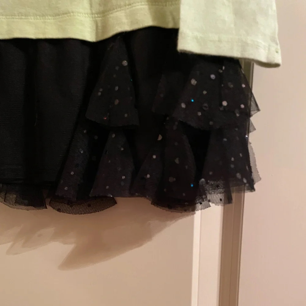 🌻 JUSTICE Girls frilly T-shirt dress long sleeves Green & black SZ 6 lace Heart